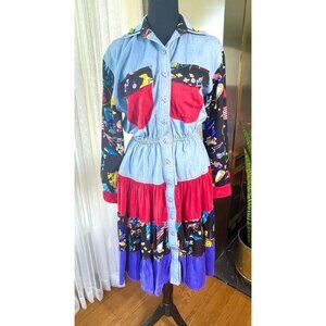 Vintage 1980s denim dress, full skirt American patriotic print, 8/10 (M/L)